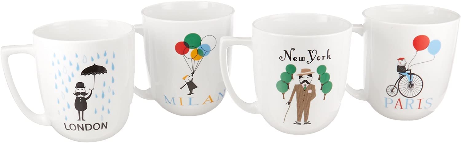 Pousutong Francois et Mimi Stoneware Ceramic World Cities Coffee Mugs Gift Set, 14-Ounce, Set of 4