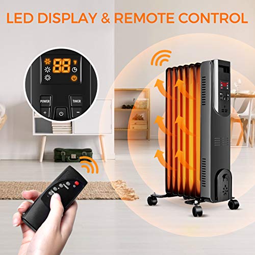 Oil-Filled Radiator Space Heater, 1500W Portable Electric Heater w/Remote Digital Thermostat, 3 Heat Modes Quiet Oil Heater w/ 12H Timer, Safety Features, LED Display, for Full Room Indoor Office Use