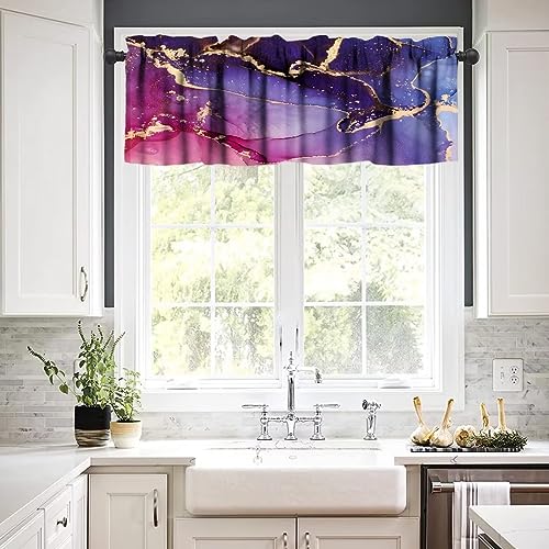 Image of Purple Marble Window Valance Curtain, Natural Abstract Luxury Ink Texture Gold Veins Red Printing Window Valances Treatments for Kitchen Living Room Bedroom Home Cafe Decor 54'x18', 1 Panel