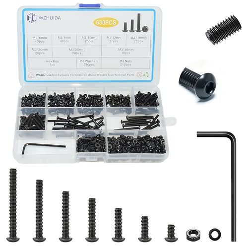 WZHUIDA 630 Stück M3 Schrauben Set, Schwarz Metrisch Linsenkopfschrauben Innensechskant Schrauben Muttern und Unterlegscheiben Sortiment Set, Gewindemaschinen Sechskantschrauben