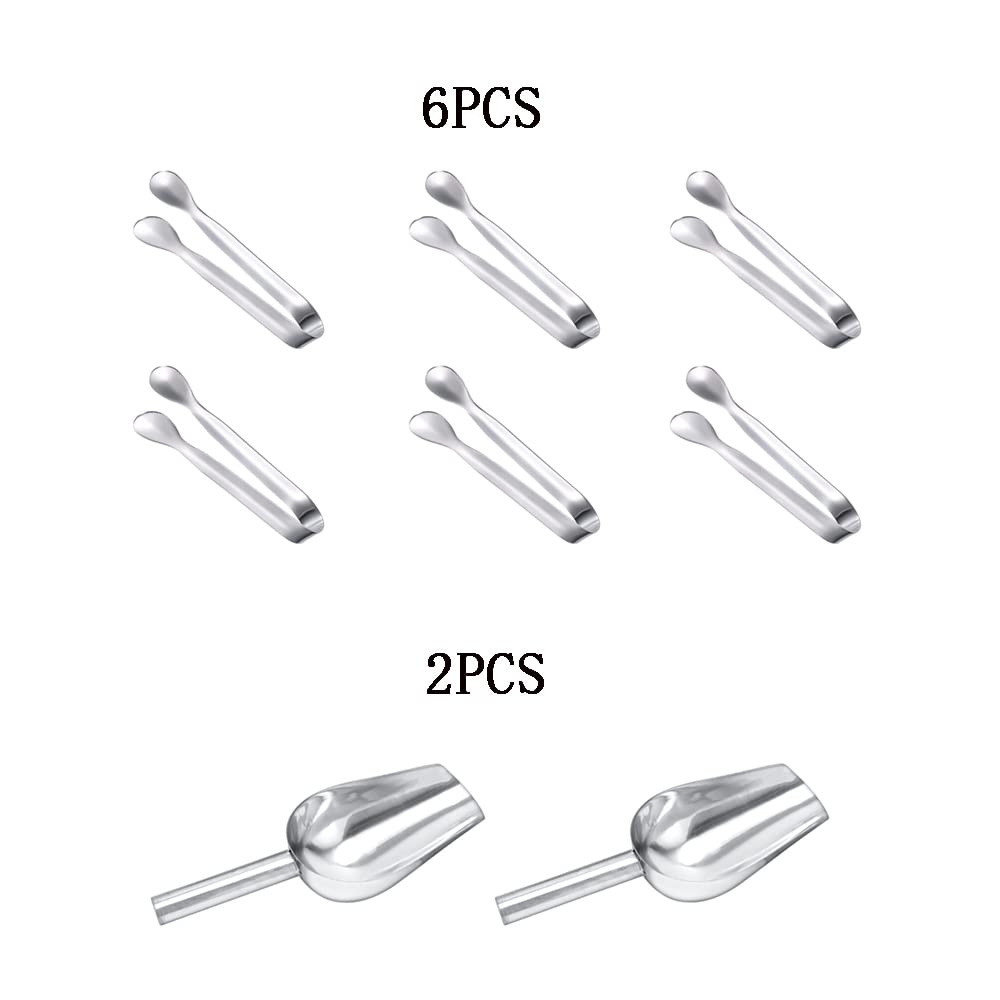 6 Pinzas y 2 Palas de Comida de Acero Inoxidable Plateado, Candy Clip|Pinzas para Hielo, 11*1,6 cm