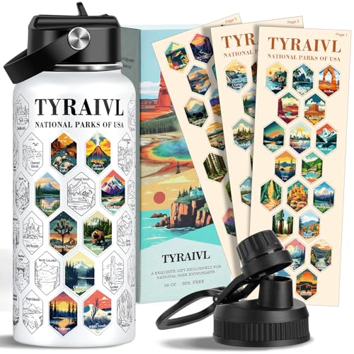 National Parks Water Bottle with Stickers Birthday Gifts for Men and Women 32oz Wide Mouth Leakproof Stainless Steel Bucket List Insulated Bottle for Camping & Hiking