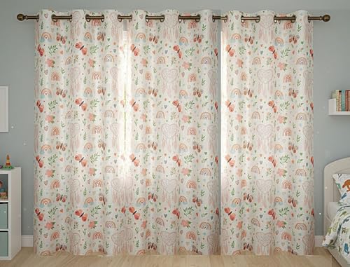 Image of 3D Butterfly Rainbow Pattern Curtain for Kids Room Curtain 7 feet Set 3 pcs Girls Room Curtain Panel for Play School, Playway Light Filtering Window Panel, 4x7 ft Door Curtain, Beige