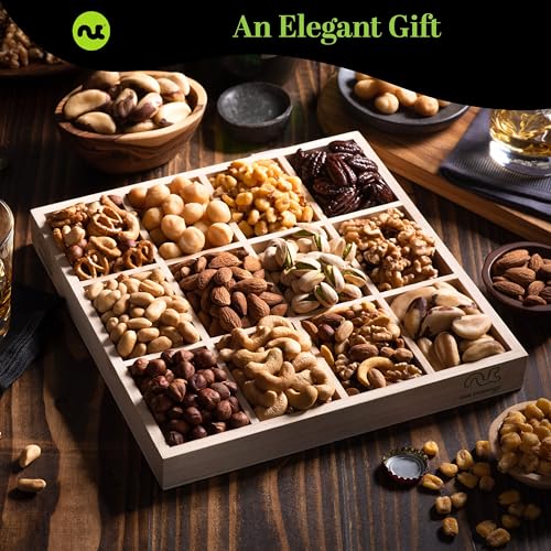 NUT CRAVINGS Gourmet Collection - Valentines Mixed Nuts Gift Basket in Reusable Wooden Tray + Heart Ribbon (12 Assortments) Arrangement Platter, Healthy Kosher USA Made Corporate - Image 4