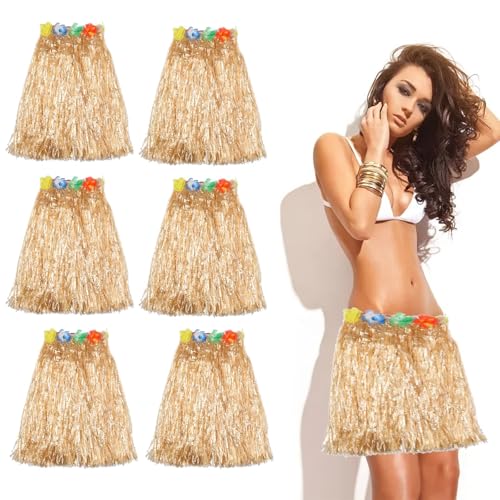 GLAITC 6 peças 40 cm Hula Grass saia Hawaiian Leis Dance Dress Set com flor, saia elástica cor palha dourada para Hawaiian Aloha Beach Summer Party Supplies