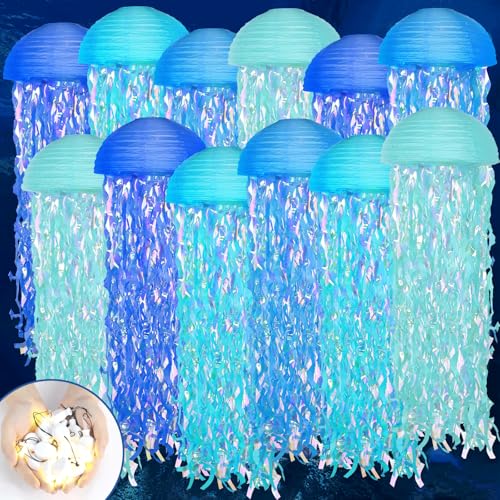 12 Set LED Jelly Fish Paper Lanterns with Lights Blue Hanging Jellyfish Party Decoration Under The Sea Light Up Paper Lantern Lamps for Ocean Mermaid Birthday Baby Shower Baby Room Party Supplies