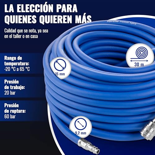 Miniatura 2 de Poppstar Manguera Para Aire Comprimido 30m Pvc Híbrido Con Tejido, Diámetro Interior 9,2mm Con Acoplamiento Rápido Y Conector De Manguera , Hasta 20 Bar, Azul