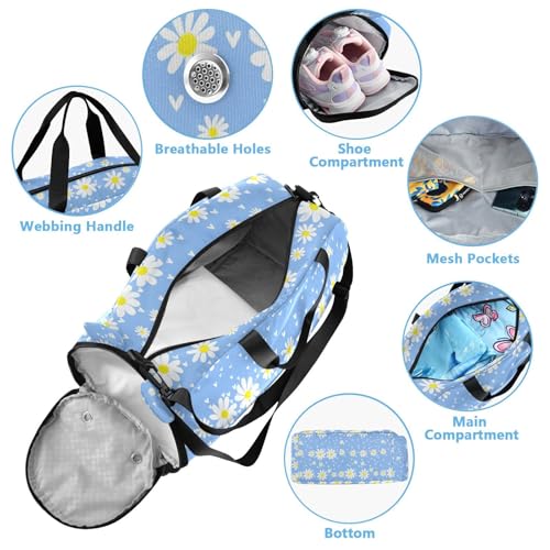 Heart Flowers Blue Kids Travel Duffel Bag for Boys Girls Overnight Weekend Tote Bag with Shoes Compartment for Trip Beach Swim4