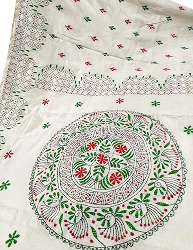 Image of SHRISTI CLOTHINGS Women's Hand Embroidered Cotton Silk Kantha Stitch Saree with Blouse Piece (J420724 OFFWHITED88)