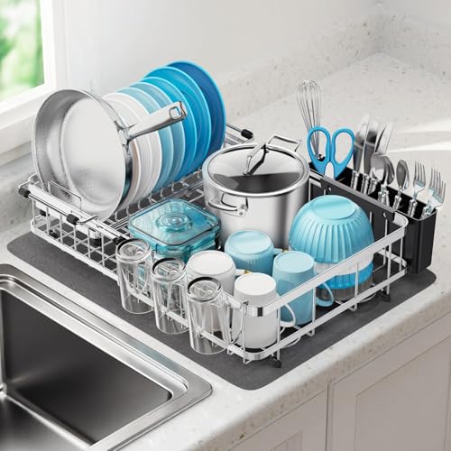 GSlife Large Capacity Expandable Dish Drying Rack with Absorbent Mat, 2-Piece Stainless Steel Dish...