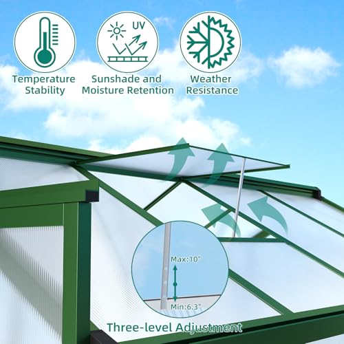 Garvee 6x8 FT Greenhouse - Aluminum Greenhouses for Outdoors, Large Polycarbonate Greenhouse with Roof Vent, Heavy Duty Walk-in Green Houses for Outside Garden, Backyard, Patio, Lawn, Easy Assembly