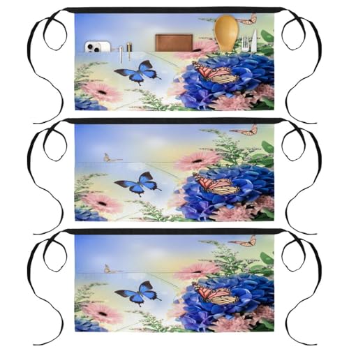 Demi-tablier de cuisine avec poches pour restaurant, bistrot et bar à motif floral bleu
