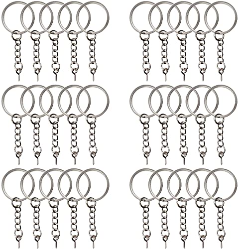 Schlüsselring mit Kette Schlüsselanhänger mit Spaltringe 30-teilige Rohlinge Geteilte Metallschlüsselringe mit offenem Biegering-Kettenverlängerer und Schrauböse (25 mm Durchmesser) Cover