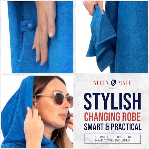 Image of ALLEN & MATE 100% Cotton Hooded Surf Poncho Changing Robe - Quick Absorbent Changing Towel with Pocket for Surfing Men Women