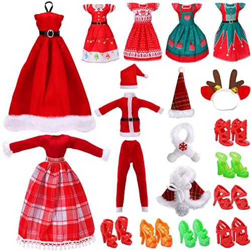 JANYUN Christmas Doll Clothes and Accessories,Doll Clothes Sets Party Dresses Outfits Xmas Gift Costumes Doll Shoes for Christmas Party Favors Girl Gift(Dolls not Included)
