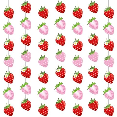 Duraaamo 8 Packs Strawberry Party Banner Decoration Summer Strawberry Paper Garland Strawberry Paper Hanging Cutout Strawberry Banners for Strawberry Baby Shower Party Supplies Decor Cover