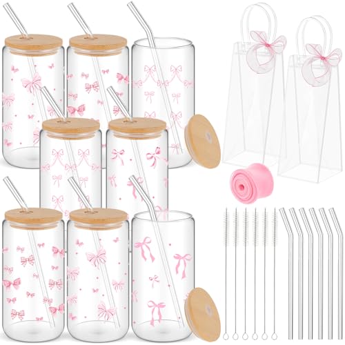 Mumufy 8 Sets Coquette Bow Aesthetic Cup with Clear Gift Bag 16 oz Reusable Pink Cute Glass Cup with Lids and Straws Tumbler Stuff Cleaning Brush for Coffee Cocktail Girl Women Friends Gifts