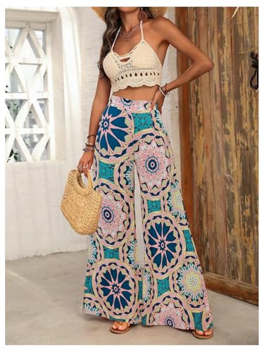 SHENHE Women's Summer Wide Leg Floral Flowy Palazzo Pants High Waisted Beach Boho Trousers4