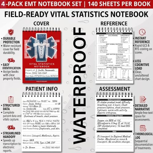 Image of Field Equipt Waterproof EMT Vital Statistics Notepad, EMS Note Pad, 4 Pack