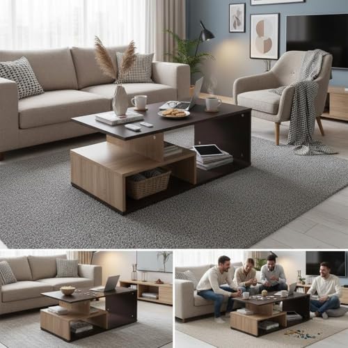 Image of RIZIK STORE Engineered Wood Coffee Table in Walnut Finish | Modern Living Room Center Table with Suede Texture | Sofa & Tea Table | DIY Installation | Warranty Protected (Brown & Cream) (90x50x35cm)