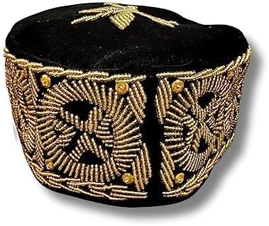 Black Native Beaded Cap | Velvet Stoned Cap for Men | African Mens Hat, Africa Kufi Hat, Foldable Hat, African Wedding Hat (US, Alpha, Medium, Black)