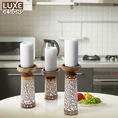 Luxe Designs IND-LGCARVEDCH Pillar Candle Holders- Rustic White Hand Carved Mango Wood Candle Holders thumb #6