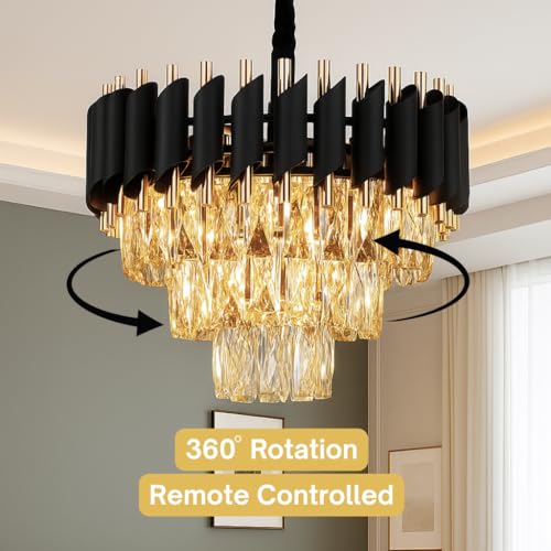 Image of Luxury Black Mamba Crystal Chandelier | Moving Round LED Ceiling Light with Bluetooth Speaker & Remote | RGB Colour Changing | Living Room Chandelier (Moving Black Gold, 400MM)