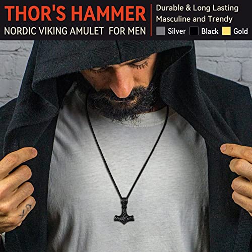 Men Thors Hammer Pendant Necklace, Nordic Viking Mythology, Stainless Steel Vintage Mjolnir Jewelry Norse Vikings Amulet Charms Gift-Black #TOP2
