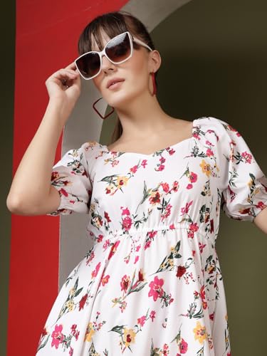 Image of OOMPH! Below Knee Shift Pink Dress in Crepe Fabric with Round Neck and Puff Sleeves - md619l
