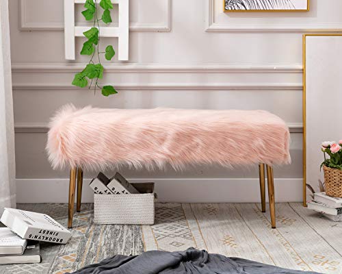 Kmax Fur Entryway Bench, Pink Shaggy Furry Cute Makeup Bench Seat for Girls, Modern Long Bench with Gold Metal Legs for Bedroom Living Vanity Room