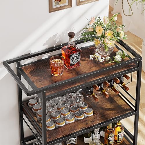 Leteuke Bar Cart for Home, 3 Tier Black Serving Rolling Carts with Wheels, Drink Cart, Liquor Stand with Removable Tray, Wine Rack and Glass Holder for Kitchen, Outdoor, Dining Room-Black Brown