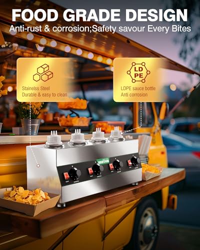Electric Sauce Warmer Dispenser for Commercial Use - 640W Stainless Steel Heat Preservation Machine with 4 x 650ml Squeeze Bottles