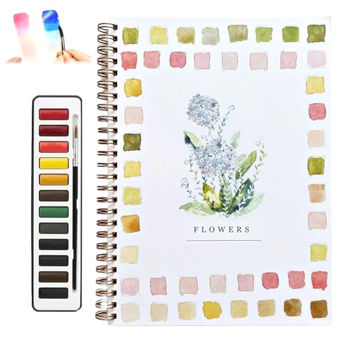 Image of Watercolour Workbook Set for Beginners - Includes 12 colours of paints and brushes, Adult Colouring Workbook, Perfect tool for learning watercolour painting, Spiral Flat Pages (Flowers)