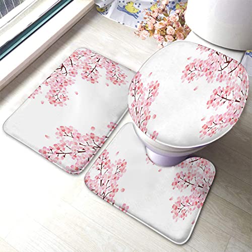 Badezimmerteppich-Set, 3-teilig, Frühlings-Kirschblüten-Kunstgemälde, Effektdruck, Moderne Kunst, waschbare Badteppiche, rutschfest, mit Rückenpolster, Konturteppich und Toilettendeckelbezug