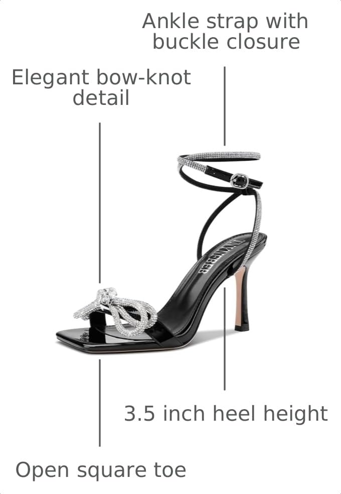 Image of TNYNFBEB Womens Stiletto High Heel Open Square Toe Sandals Ankle Strap Two-Piece Buckle Rhinestone Crystal Bow-knot Prom Dress Summer 3.5 Inches Heels