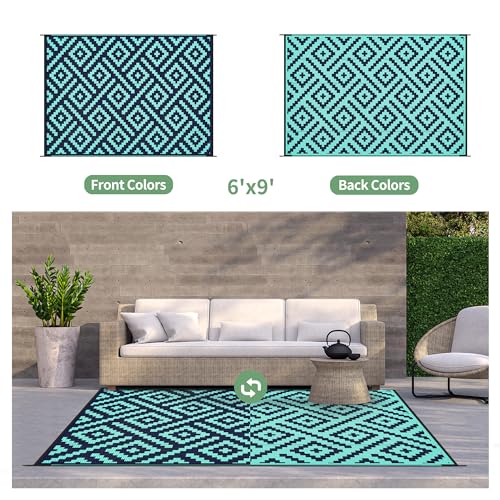Image of GENIMO Outdoor Rug, Waterproof Plastic Rugs for Patio, 6'x9' Blue Green | Outside Larger Modern Carpet Mat for Porch Decor, Deck, Balcony, Camping, RV, Backyard, Picnic, Beach, Reversible, Foldable