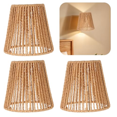 3 Stücke Boho Rattan Lampenschirm, E27 Naturales Rattan Lampenschirme, Papierseil Geflochten, Ø 14cm Pendelleuchtenschirm für Tischlampe, Hängelampe, Stehlampe, Deckenlampe, Hängend Korb Laterne