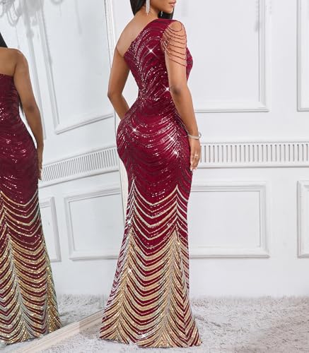 Image of Cololura Women Sequin Elegant Sexy One Shoulder Tassel Mermaid Bodycon Cocktail Evening Dress