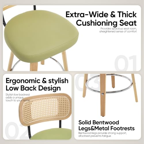 Image of Rattan Bar Stools Set of 2,Upholstered PU Leather, 30''Counter Height Barstools with Back and Wood Legs,360Swivel,Mid-Century Modern Bar Stool for Kitchen Island Dining Room and Bar(Grass Green)