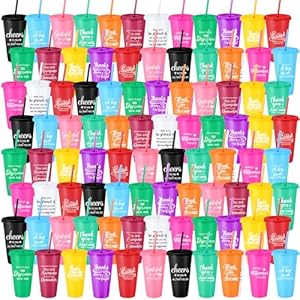 96 Pcs Thank You Gifts 24 oz Tumbler Cup Bulk Employee Appreciation Gift Inspirational Tumbler with Lid and Straw Reusable Plastic Tumblers for Coworker Women Teacher (Cute Color)