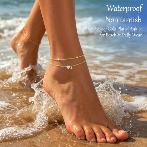 Image of NECOCY Initial Heart Diamond Anklets for Women Waterproof, Non Tarnish 14k Gold Plated Letter Ankle Bracelets Dainty, Summer Beach Bikini Jewelry Gifts for Women