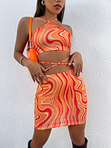 Wdirara Women's 2 Piece Outfits Marble Print Criss Cross Halter Crop Top Bodycon Skirt Set Orange S #TOP5