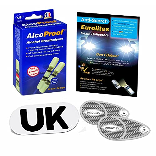 3 Piece Kit Headlamp Beam Deflectors Twin Pack French Breathalysers Long Expiry Date Magnetic GB Plate Eurolites Alcoproof Breathalyzer Good Quality NF approved Headlight Converters European Travel Kit Travel Abroad