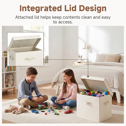 Image of StorageWorks Storage Bins with Lid, Decorative Fabric Storage Bins with Handles, Stackable Closet Organizers for Shelves and Bedroom, Large, Beige(Cotton Linen), 2-Pack