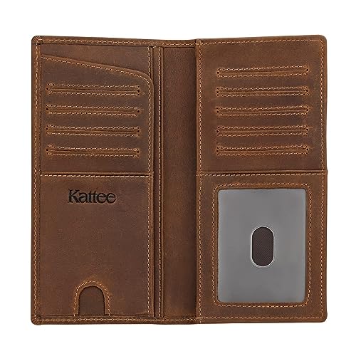Kattee Carteira longa masculina vintage de couro genuíno para cartões de crédito de talão de cheques, 2 - Marrom novo (com caixa de presente), Small, Carteira RFID