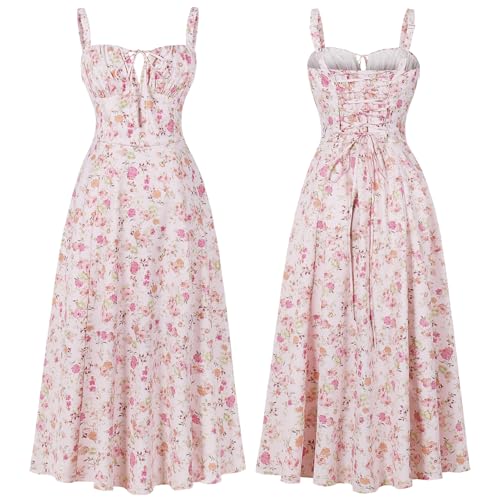 Image of IBTOM CASTLE Women Corset Dress Sleeveless Spaghetti Straps Casual Dresses Boho Slit Lace Up Flowy Midi Bustier Sundress