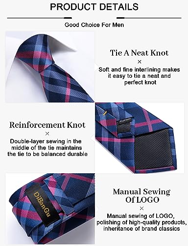 Image of DiBanGu Plaid Ties for Men Silk Checkered Necktie and Pocket Square Cufflinks Tie Clip Set with Gift Box for Wedding Business