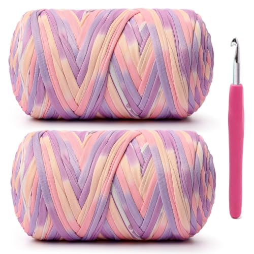 Image of 2 Pack Soft Tshirt Crochet Yarn, 800g /228yds High Elastic Hand Knitting Yarns, Thick T Shirt Yarn for Crocheting Bags, Baskets, Cushions, DIY Crafts(Pinkish Purple + Pinkish Purple)