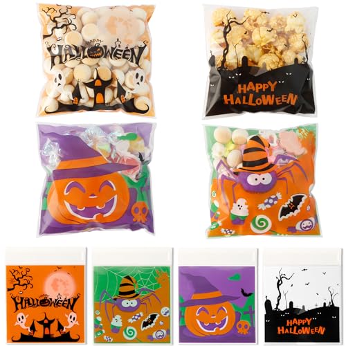 100 PCS Halloween Treat Ziplock bags(4x4 Inch) Self-sealing Candy Cookie Goodie Goody Small Gift Wrap Bags for Halloween Party Favors Supplies Decorations Spider Web Bat Pumpkin Pouches Table Decor