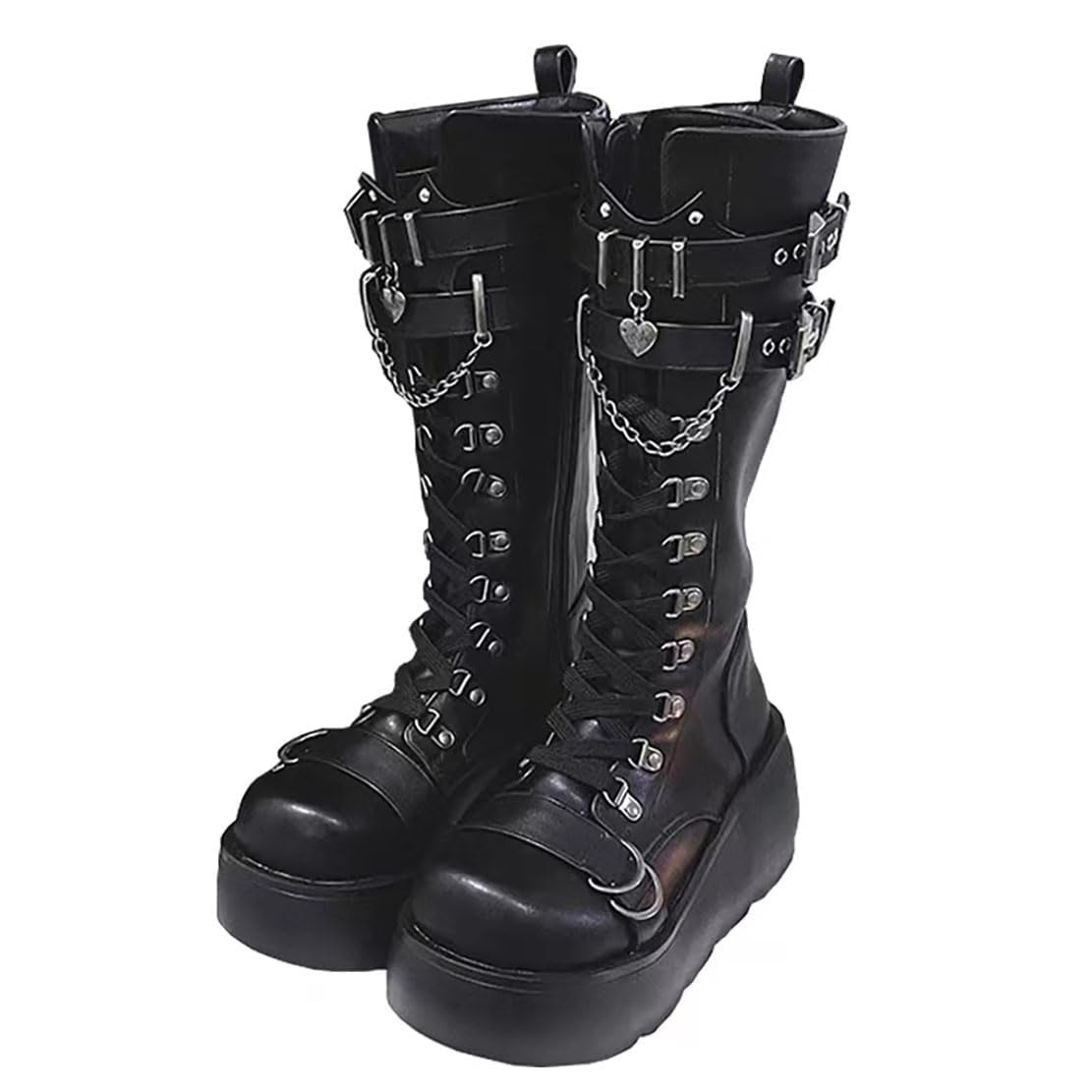 Womens Goth Platform Boots Knee High Mid Calf Chunky Heel Lace Up Buckle Punk Combat Rave Boots with
